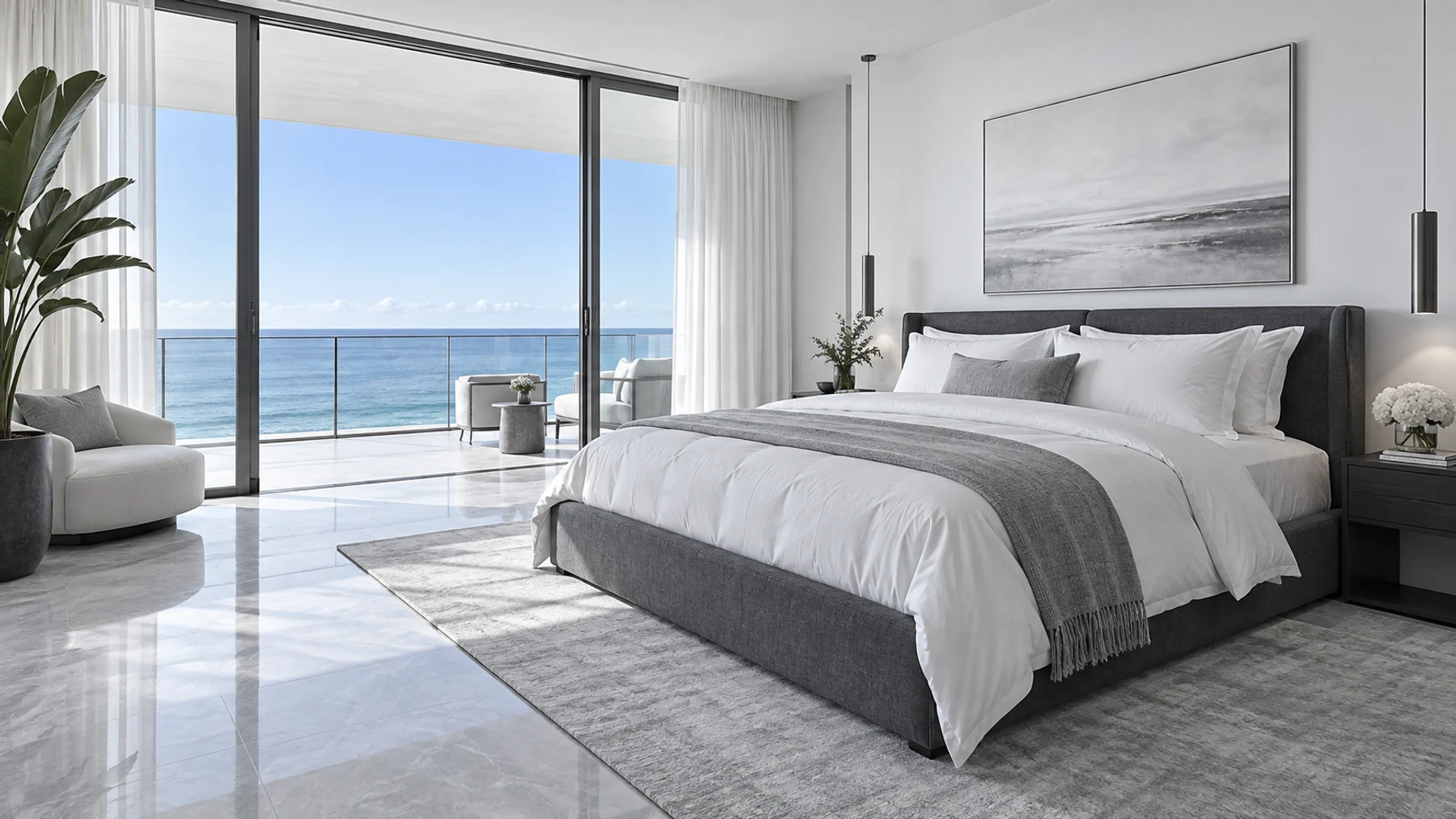 Bright, welcoming guest bedroom with white linens and an ocean view